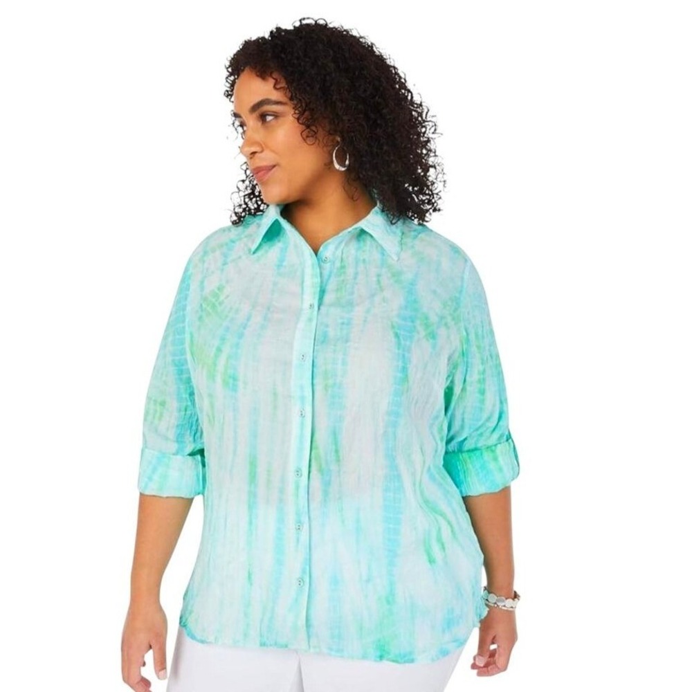 Foxcroft Womens size 10 Zoey Tie Dye Button Up Roll Tab Beach Resortwear Top